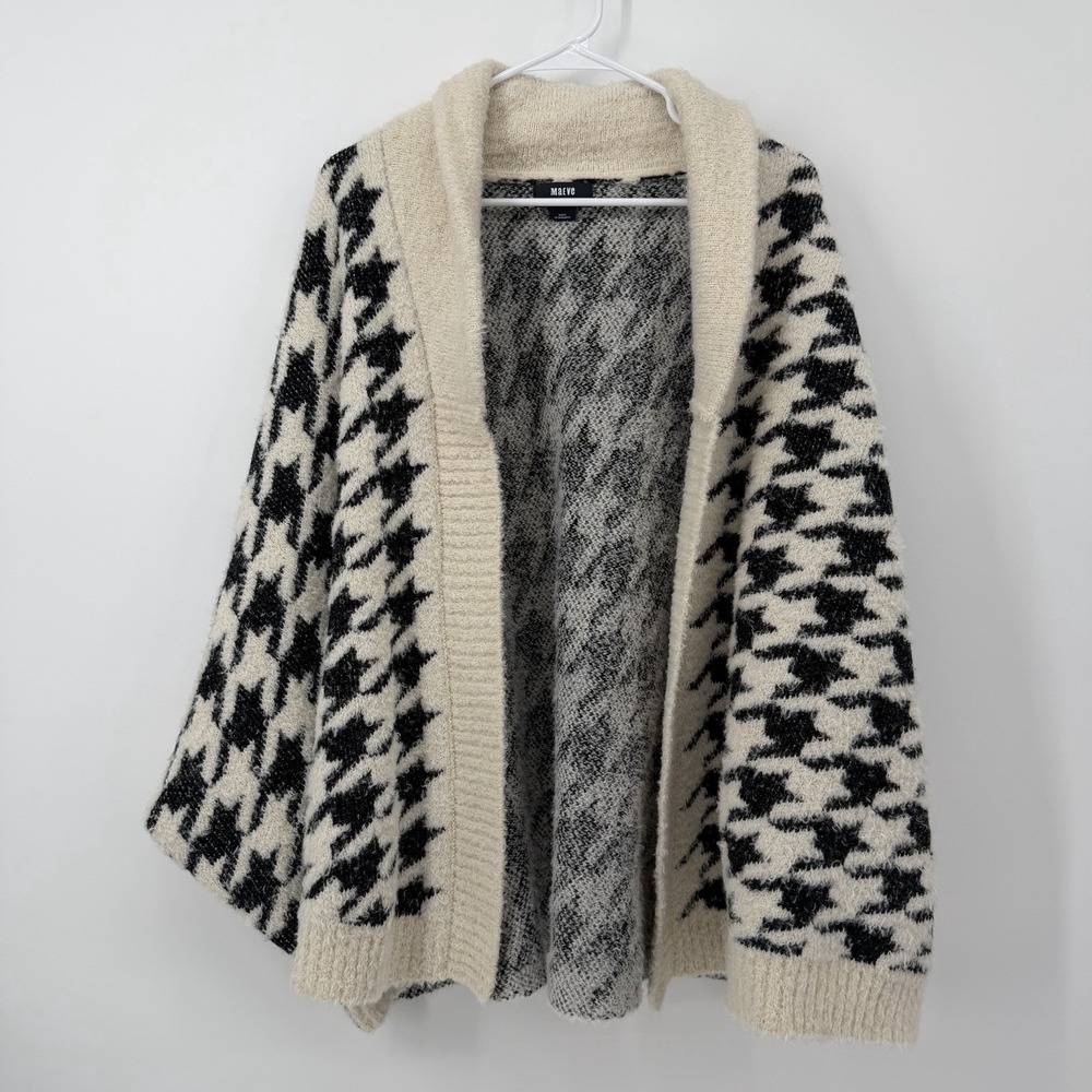 Maeve Anthropology Houndstooth Open Front Cardigan Black White Shawl One‎ Size